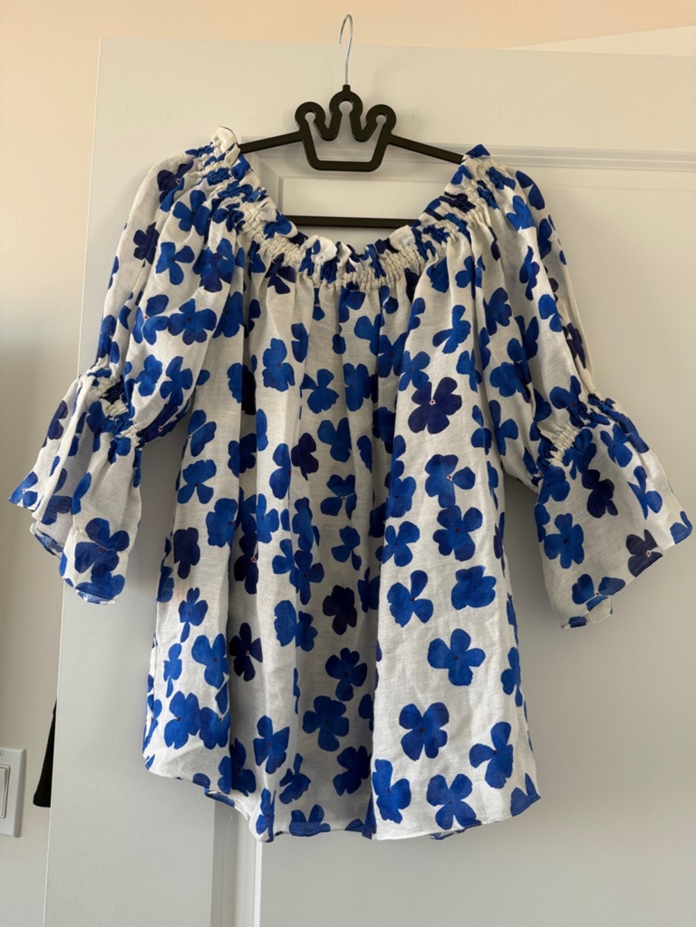 Carolina Herrera White Off-Shoulder Top with Blue Floral Print